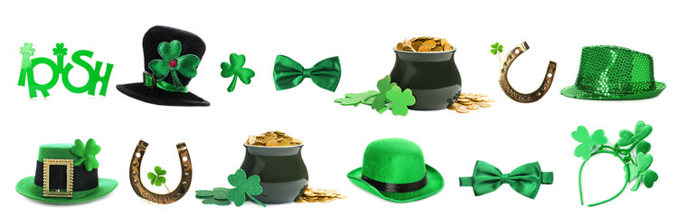 Set with traditional items for St. Patrick's Day celebration on white background. Banner design