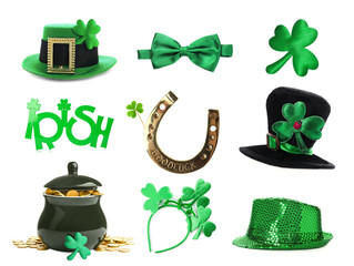 Set with traditional items for St. Patrick's Day celebration on white background