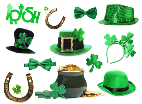 Set with traditional items for St. Patrick's Day celebration on white background