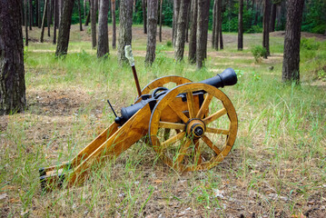 Antique cannon at a firing position in the forest