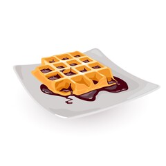 Hot fresh belgian waffle with chocolate topping on plate. Vector delicious sweet lunch, snack or dessert. Morning meal, homemade dish idea isolated on white background