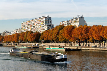  Barge in the Seine river . Paris 16th arrondissement