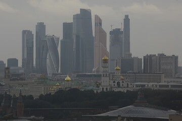Moscow gloomy view of the city from above, smok ecology city view © kichigin19