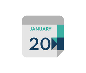 January 20 flat daily calendar date, 20 January Single Day Calendar  Icon