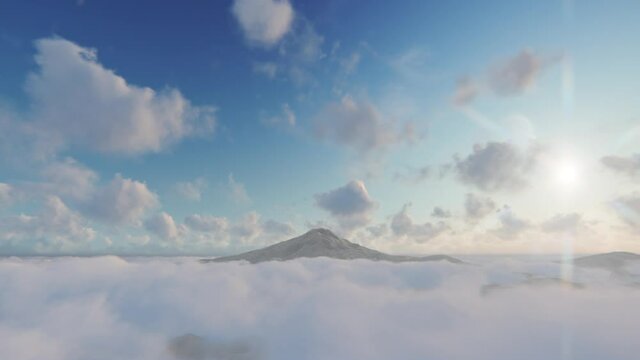 Volcano peak over clouds against blue sky