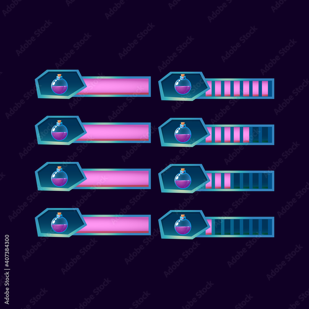 Wall mural set of gui fantasy glossy potion magic bottle progress bar for game ui asset elements vector illustr