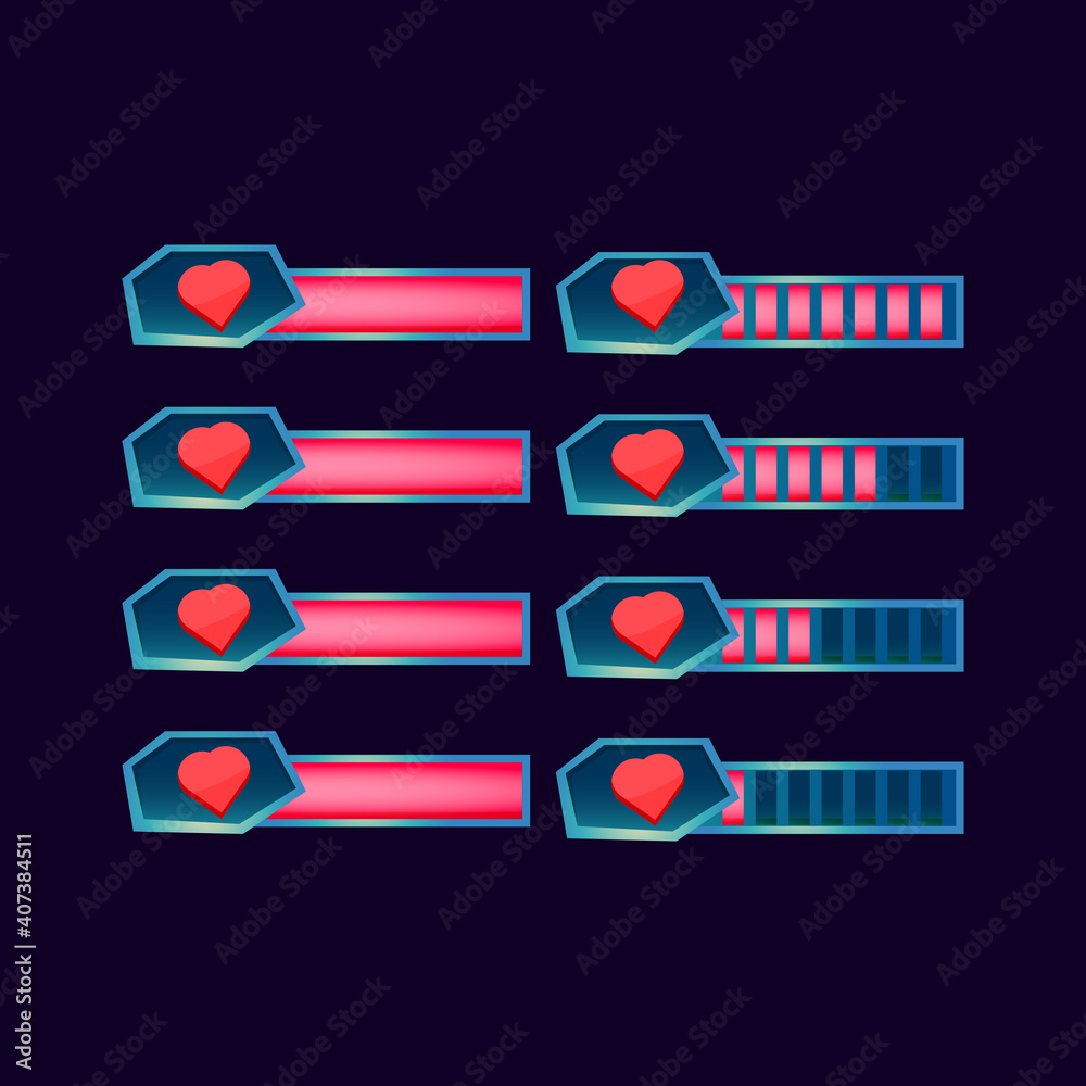 Wall mural set of gui fantasy glossy health life progress bar for game ui asset elements vector illustration