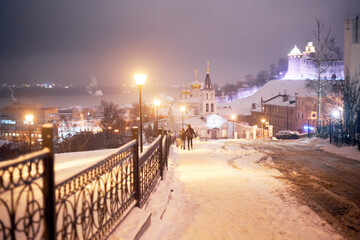 View of the Church of Elijah the Prophet and the Kremlin in Nizhny Novgorod on a winter evening, Russia.