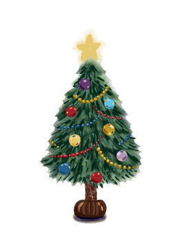 Isolated on a white background drawing of a beautiful and cute Christmas tree. The tree is decorated with multi-colored balls and a golden star at the top.