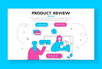 Product review landing page banner template. Flat line vector illustration