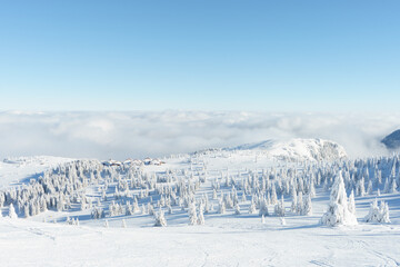 Winter mountain landscape. Beautiful panoramic view. Blue sky and clouds. High quality photo