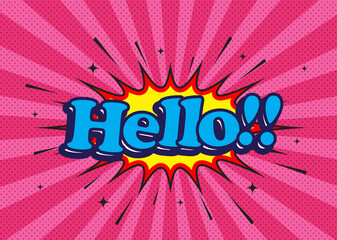 ハロー 挨拶のテキストがアメリカンポップに弾ける Hello text burst in American pop talking bubble