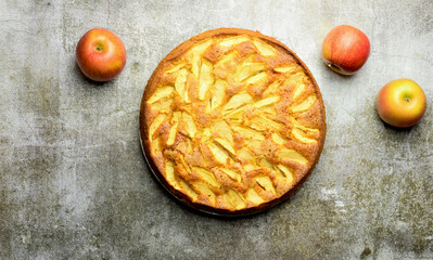 On a stone base and zenith view, homemade apple pie, freshly baked.