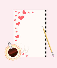 Opened diary or notepad with pencil  on pink background. Cup of coffee.  Romantic festive illustration