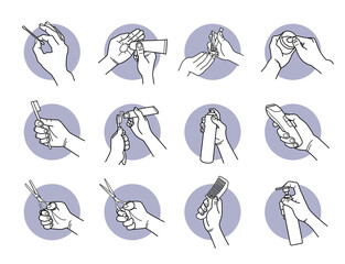 Hand holding and using grooming tools, equipment and products. Vector illustrations of cotton bud, cream, lotion, gel, fingernail cutter, toothbrush, shampoo, hair clipper, scissor, and comb.