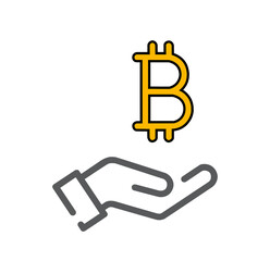 Flat hand holding Bitcoin icon isolated on white background