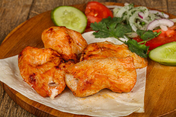 Caucasian chicken shashlik served vegetables