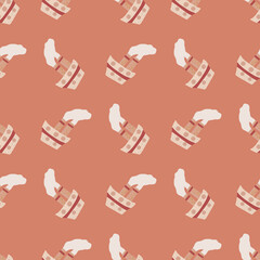 Cartoon seamless pattern with doodle steamship silhouettes childish print. Coral background.