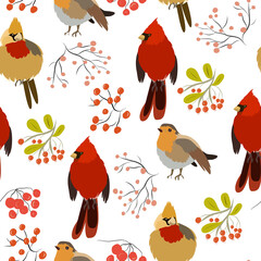 Seamless pattern with forest birds and berries