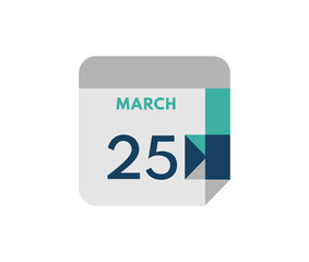 March 25 flat daily calendar date, 25 March Single Day Calendar  Icon