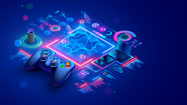 Game dev isometric concept. Education of creation 3d design of location or level computer game. Scripting, programming AI of digital games. Isometric illustration of abstract gamepad or joystick.