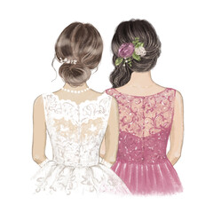 Bride and Maid of Honour with roses in hair. Hand drawn Illustration