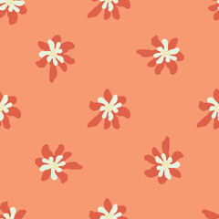 Doodle seamless pattern with white daisy flowers silhouettes ornament. Pink background.