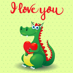 Dragon in love with heart and message. Vector illustration eps10