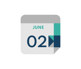 June 2 flat daily calendar date, 2 June Single Day Calendar  Icon