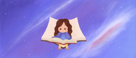 A cute girl is flying a book in space. A child with a book in his hands. Abstract space background. Bitmap illustration.