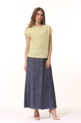 business woman executive posing in maxi denim skirt and blouse full length photo isolated on white 