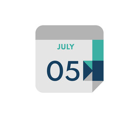 July 5 flat daily calendar date, 5 July Single Day Calendar  Icon