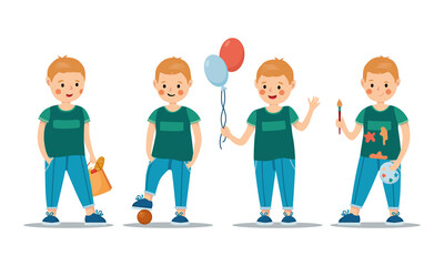 Cartoon child in different poses. Vector illustration of a boy with balls, shopper, football player, artist in flat style