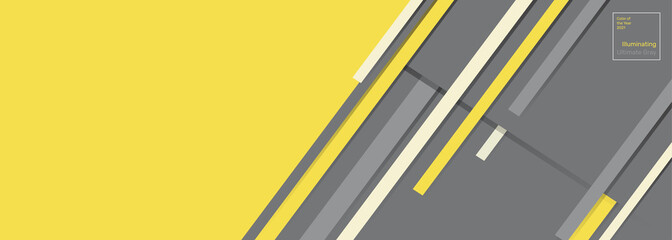 Vector abstract background in the colors of the year 2021. Ultimate gray and Illuminating yellow. Banner template design with place for text and linear shapes. Copyspace.