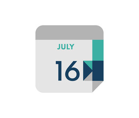 July 16 flat daily calendar date, 16 July Single Day Calendar  Icon 
