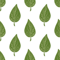 Isolated doodle green leaves ornament seamless pattern on white background. Nature print.