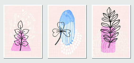 Set of abstract illustractions with watercolor geometric blurs, black flowers and white lines. Can be used for any kind of a design. Vector template.