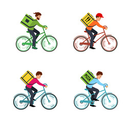 Set illustration Courier on Bicycle with box. Concept of delivering online orders from online stores. Fast delivery of goods and food. Vector isolation in flat style.