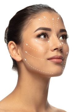 Beautiful female face with lifting up arrows isolated on white background. Concept of bodycare, cosmetics, skincare, correction surgery, beauty and perfect skin. Flyer for your ad. Antiaging.
