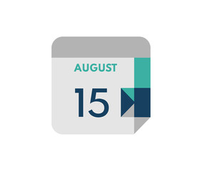 August 15 flat daily calendar date, 15 August Single Day Calendar  Icon