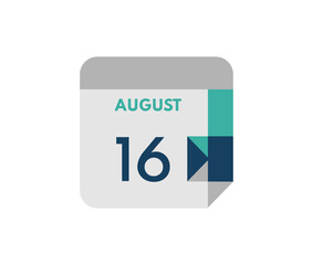 August 16 flat daily calendar date, 16 August Single Day Calendar  Icon