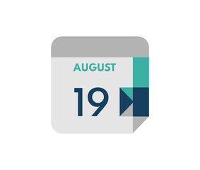 August 19 flat daily calendar date, 19 August Single Day Calendar  Icon