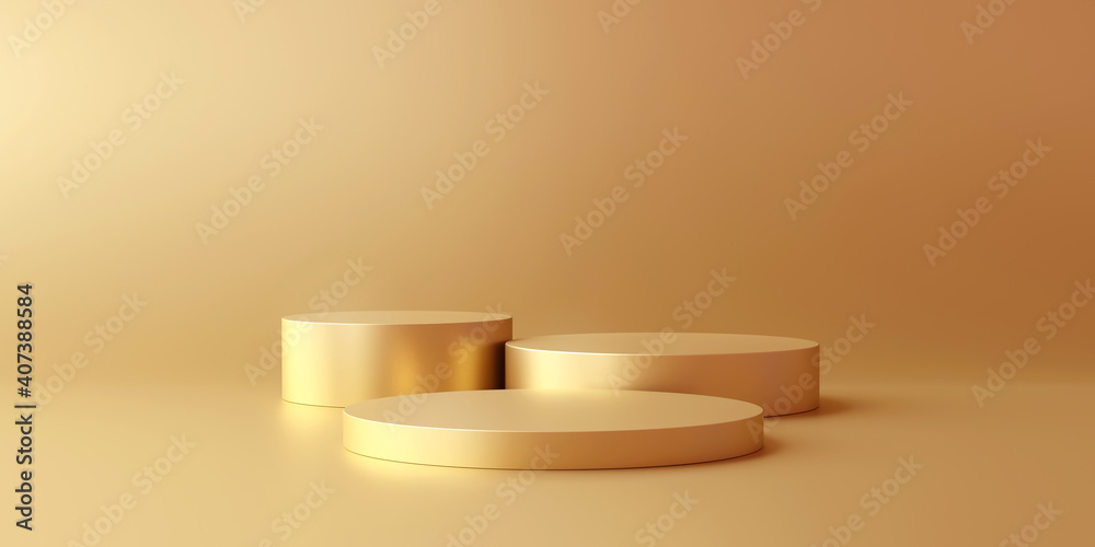 Poster Gold product background stand or podium pedestal on advertising display with blank backdrops. 3D rendering.