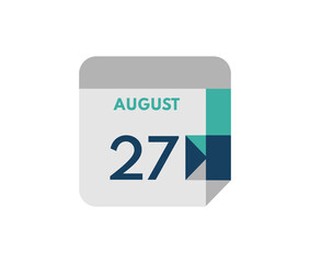 August 27 flat daily calendar date, 27 August Single Day Calendar  Icon