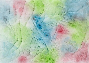 Watercolor painting with color blots, paint splashes and stripes in red, blue and green