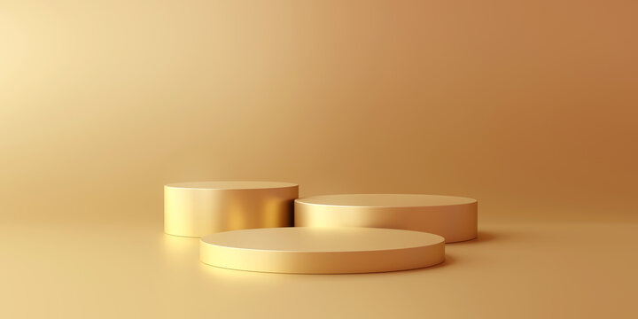 Gold product background stand or podium pedestal on advertising display with blank backdrops. 3D rendering.