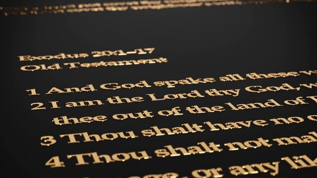 Excerpt from the Holy Bible, Exodus 20:1-17,  when God gave Moses the Ten Commandments. Written in golden letters. 3D rendering.