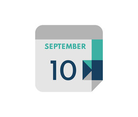 September 10 flat daily calendar date, 10 September Single Day Calendar  Icon