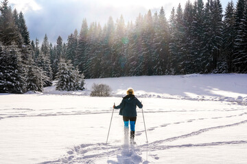 Fototapeta na wymiar Schneeschuh Laufen im Schnee Winter Wald eingeschneit kalt Frau