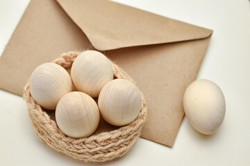 Spring Easter background. Zero waste Easter concept with traditional Easter decoration. Eco friendly lifestyle.